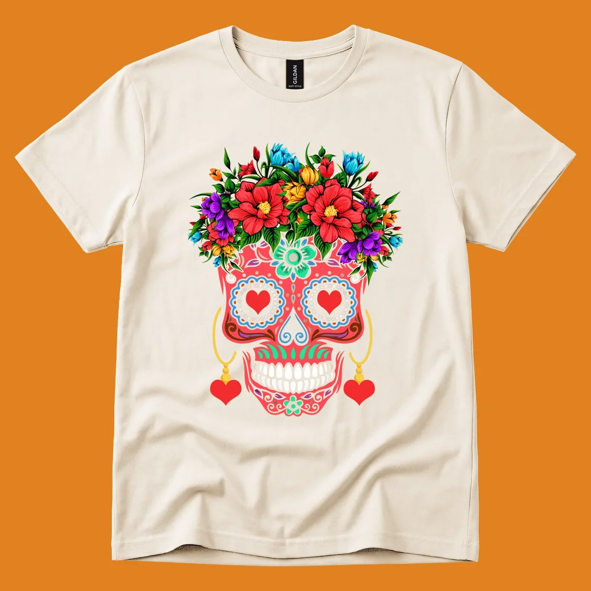 A vibrant floral sugar skull illustration with red heart eyes, a crown of colorful flowers, and heart earrings.