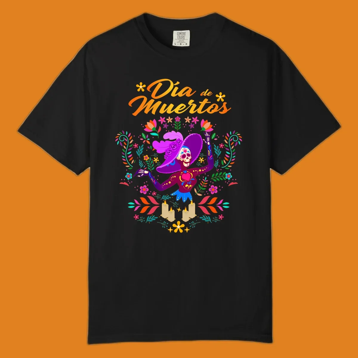 A vibrant Día de Muertos Catrina skeleton in a feathered hat, surrounded by colorful flowers, leaves, and candles, with 'Día de Muertos' text.