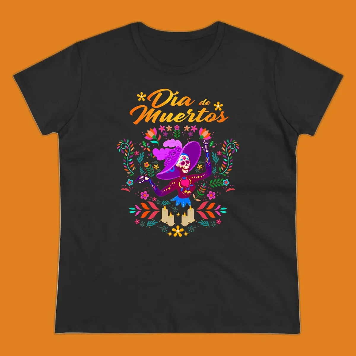 A vibrant Día de Muertos Catrina skeleton in a feathered hat, surrounded by colorful flowers, leaves, and candles, with 'Día de Muertos' text.
