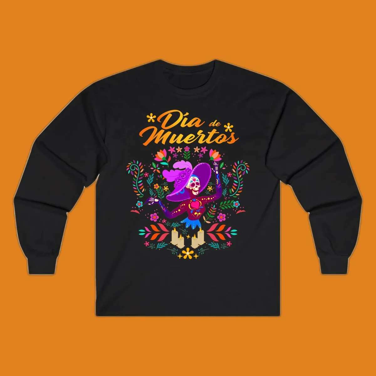 A vibrant Día de Muertos Catrina skeleton in a feathered hat, surrounded by colorful flowers, leaves, and candles, with 'Día de Muertos' text.