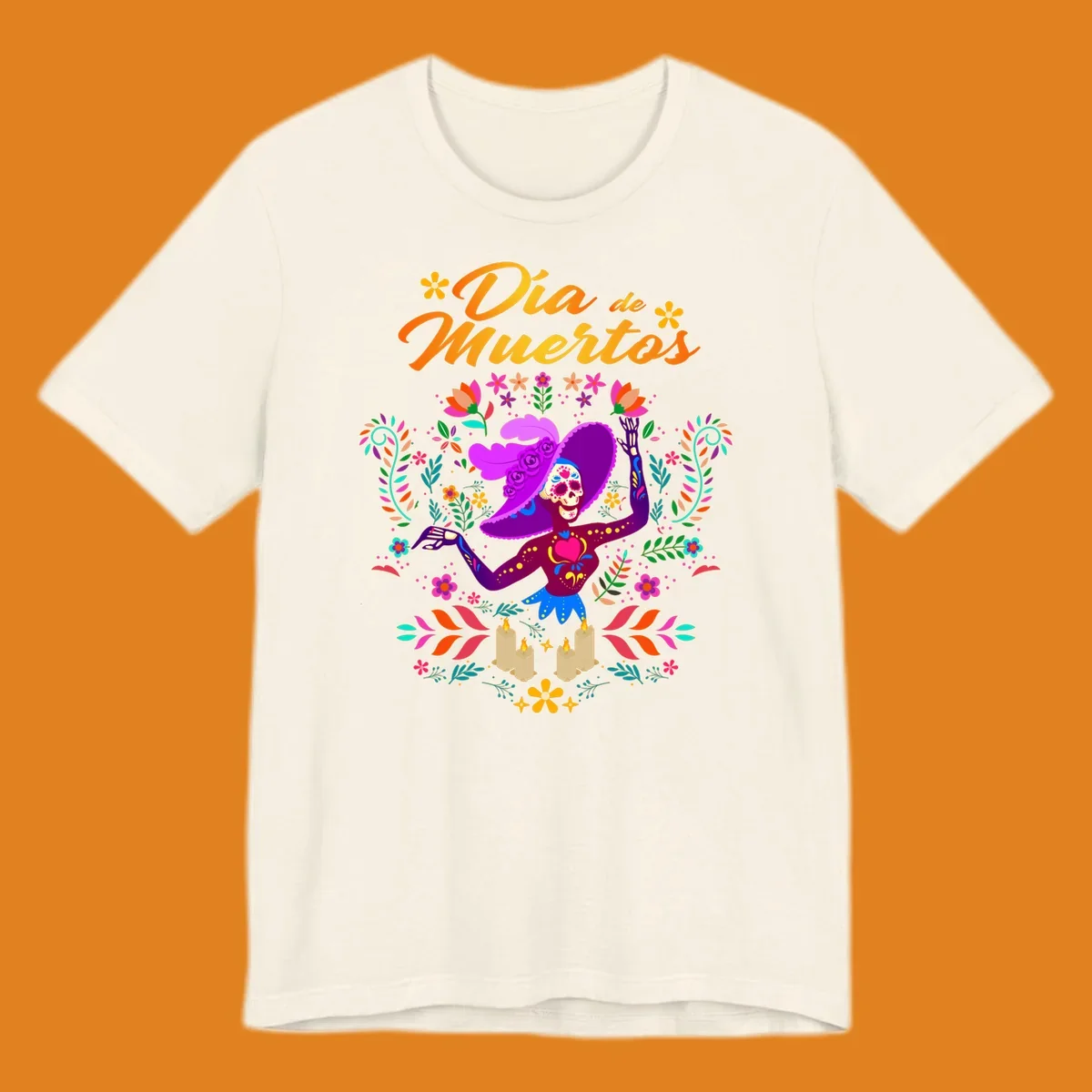 A vibrant Día de Muertos Catrina skeleton in a feathered hat, surrounded by colorful flowers, leaves, and candles, with 'Día de Muertos' text.