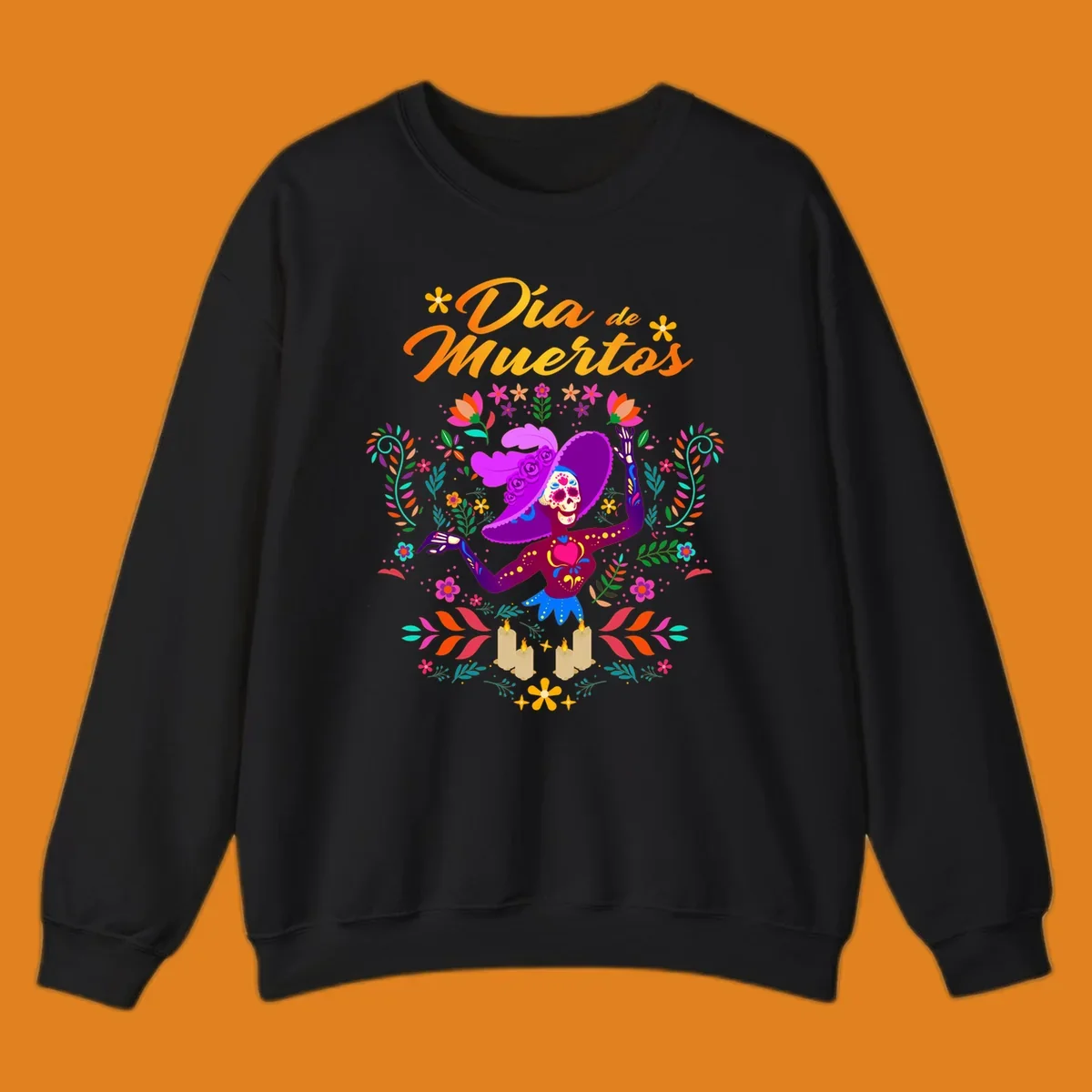 A vibrant Día de Muertos Catrina skeleton in a feathered hat, surrounded by colorful flowers, leaves, and candles, with 'Día de Muertos' text.
