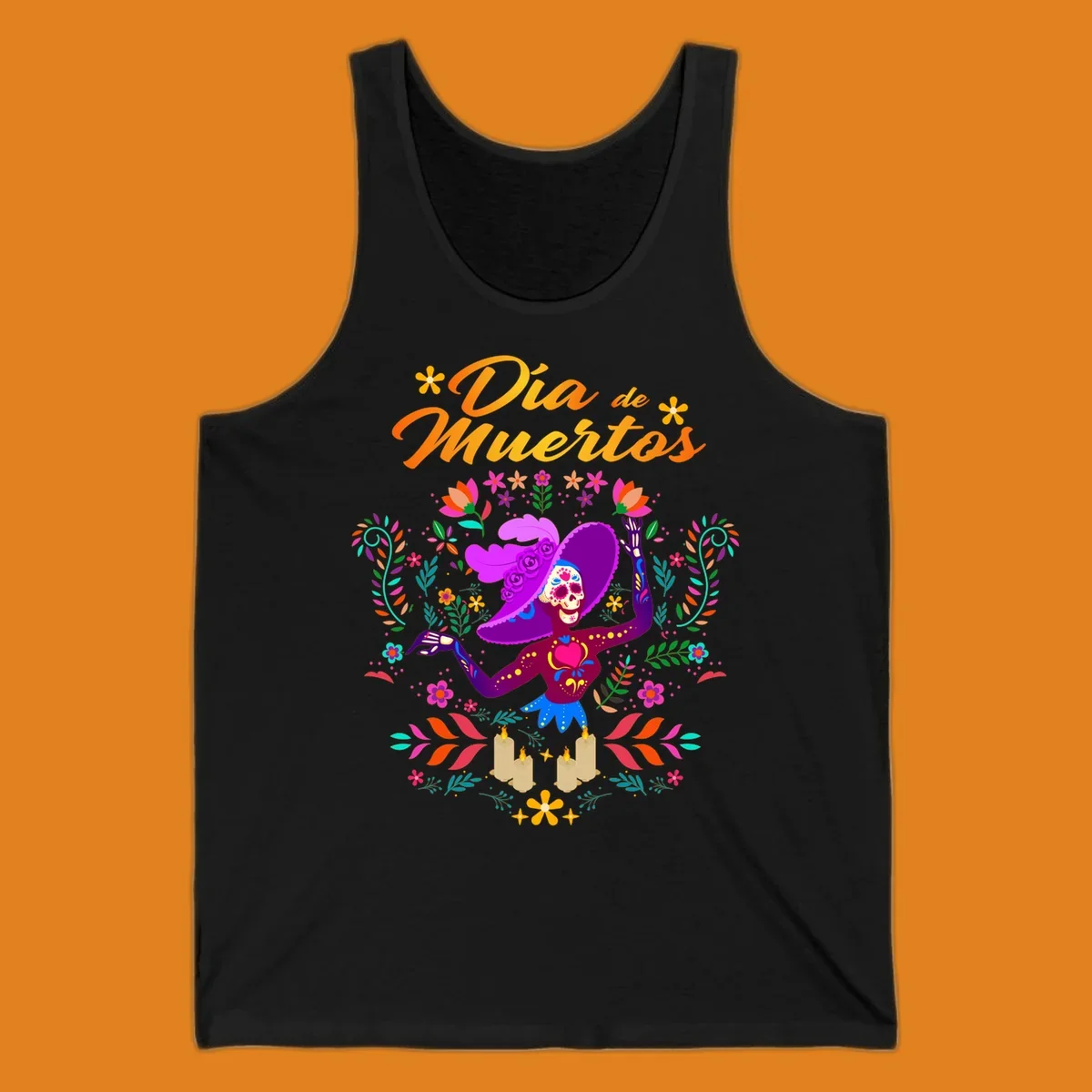 A vibrant Día de Muertos Catrina skeleton in a feathered hat, surrounded by colorful flowers, leaves, and candles, with 'Día de Muertos' text.