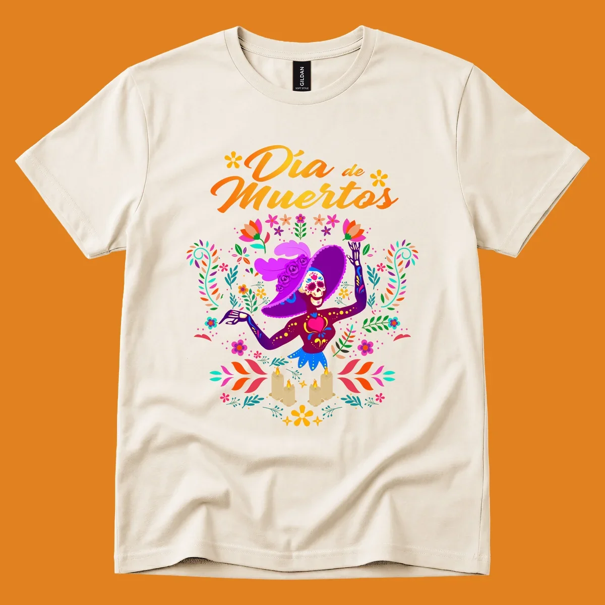 A vibrant Día de Muertos Catrina skeleton in a feathered hat, surrounded by colorful flowers, leaves, and candles, with 'Día de Muertos' text.
