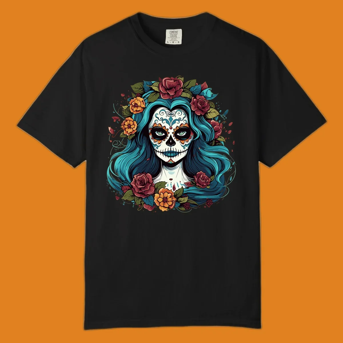 An illustration of a teal-hair calavera woman with a sugar skull face, adorned with a crown of red roses and orange flowers.