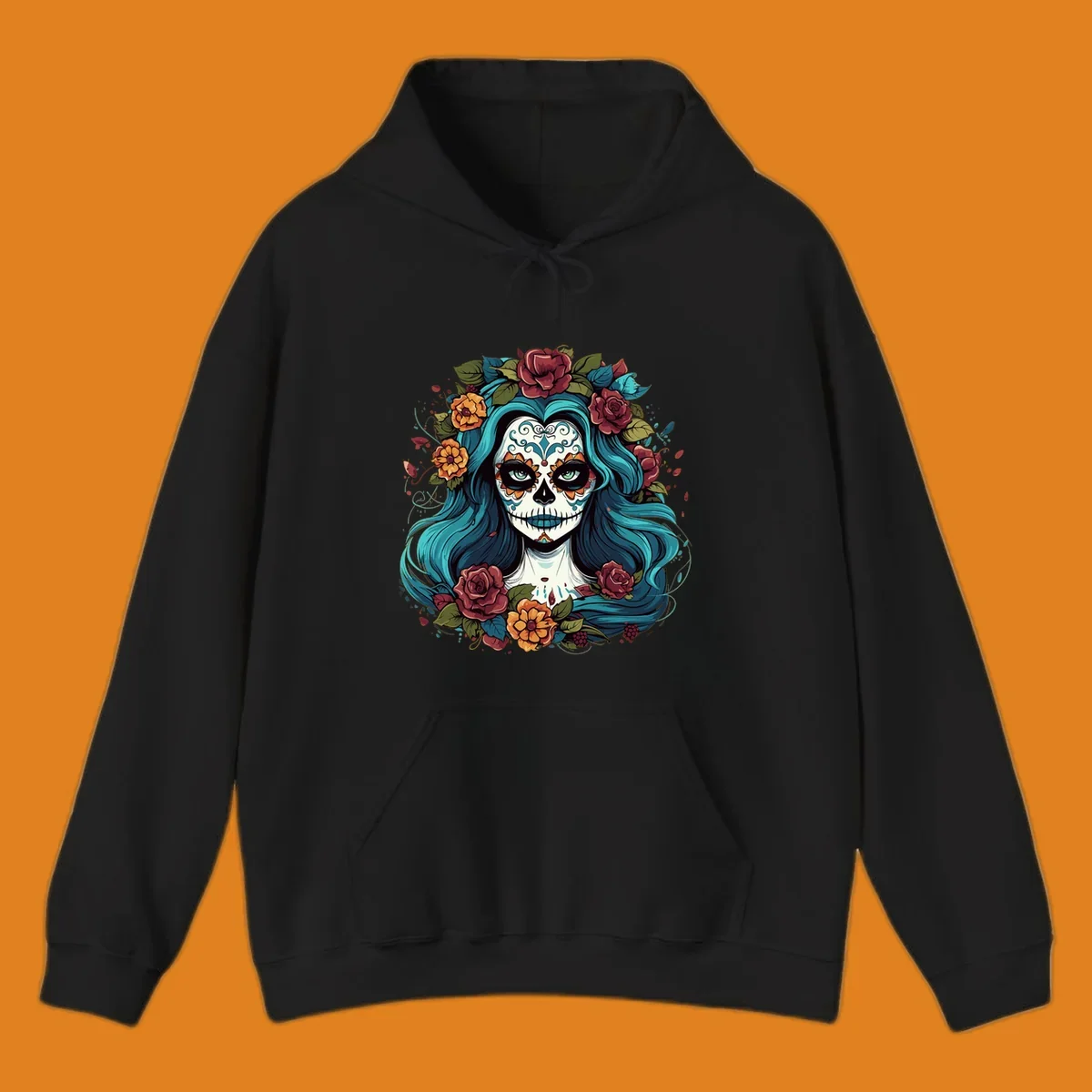 An illustration of a teal-hair calavera woman with a sugar skull face, adorned with a crown of red roses and orange flowers.