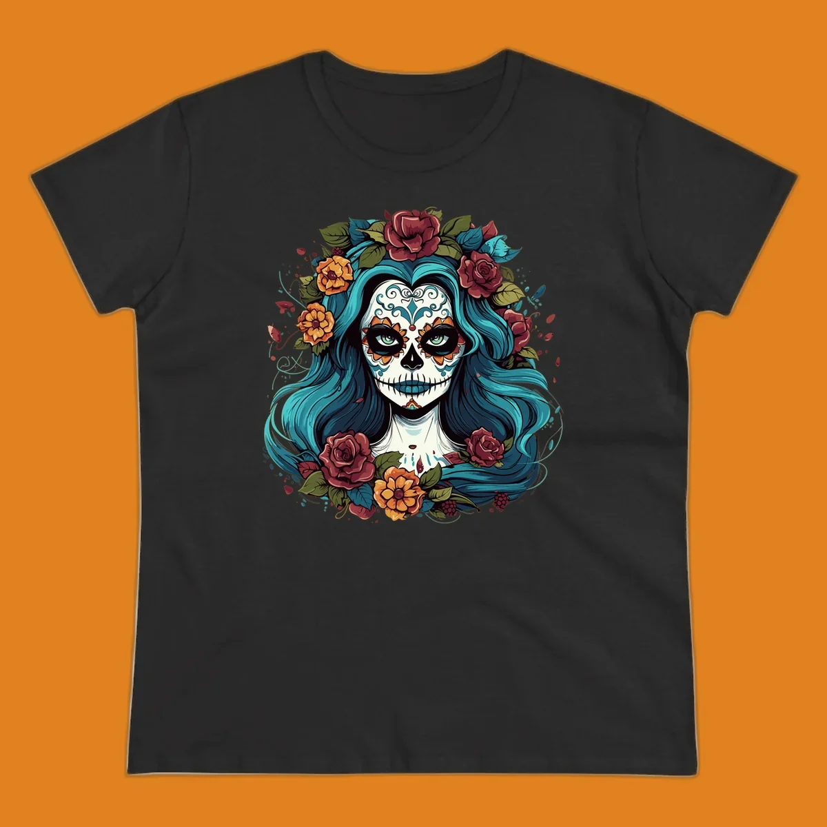 An illustration of a teal-hair calavera woman with a sugar skull face, adorned with a crown of red roses and orange flowers.