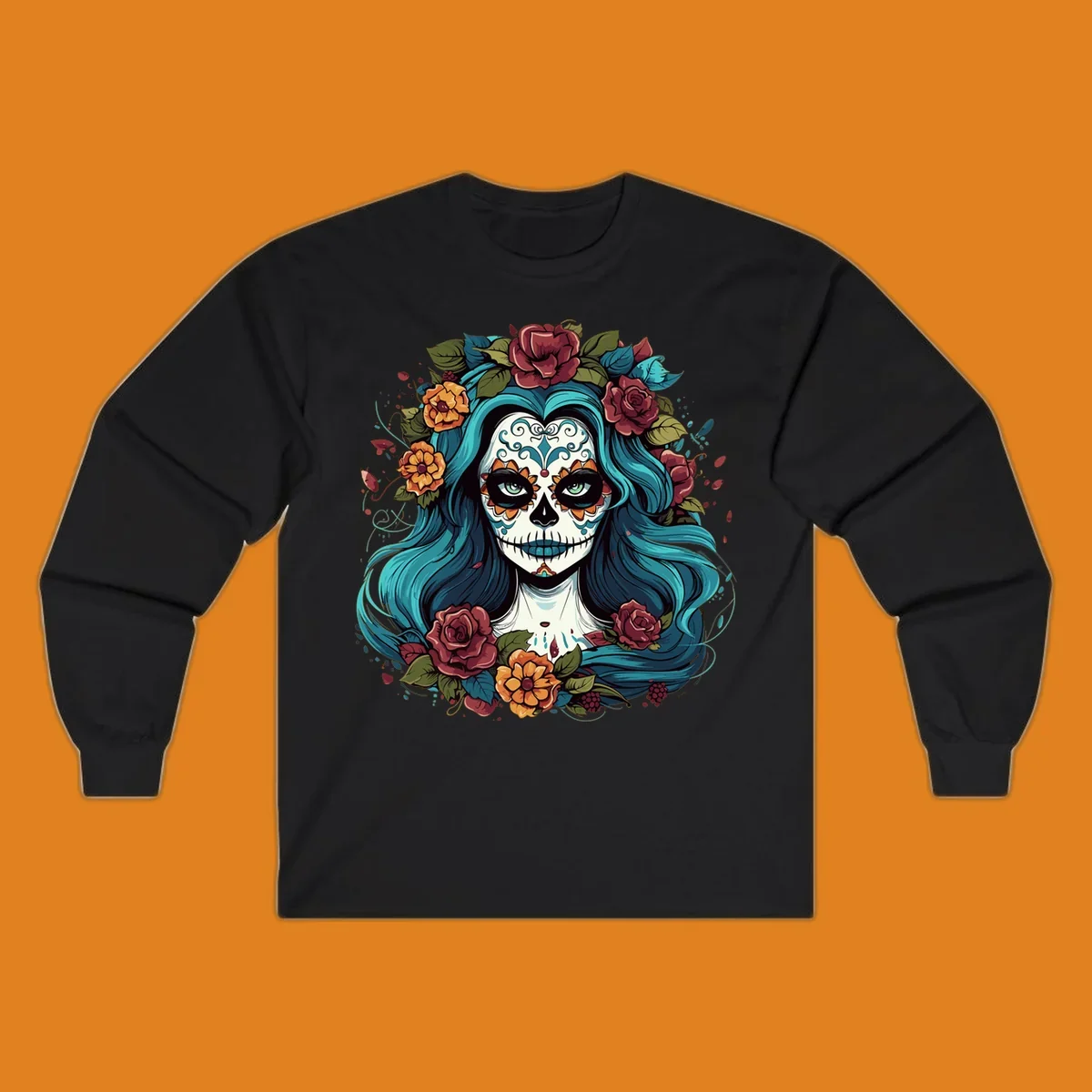 An illustration of a teal-hair calavera woman with a sugar skull face, adorned with a crown of red roses and orange flowers.