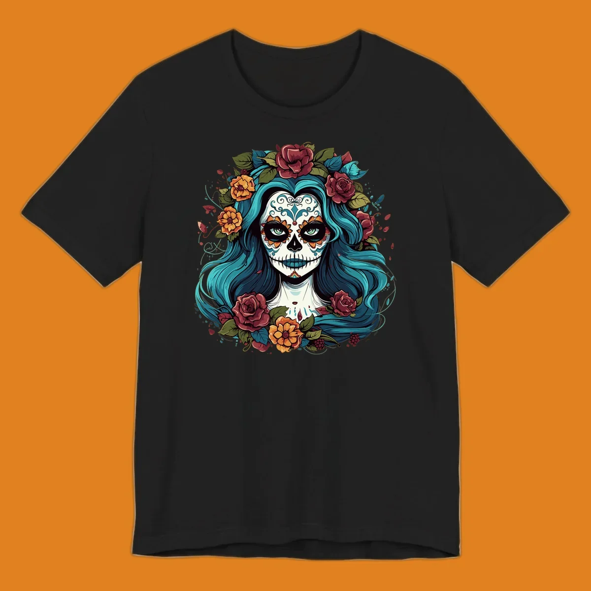 An illustration of a teal-hair calavera woman with a sugar skull face, adorned with a crown of red roses and orange flowers.