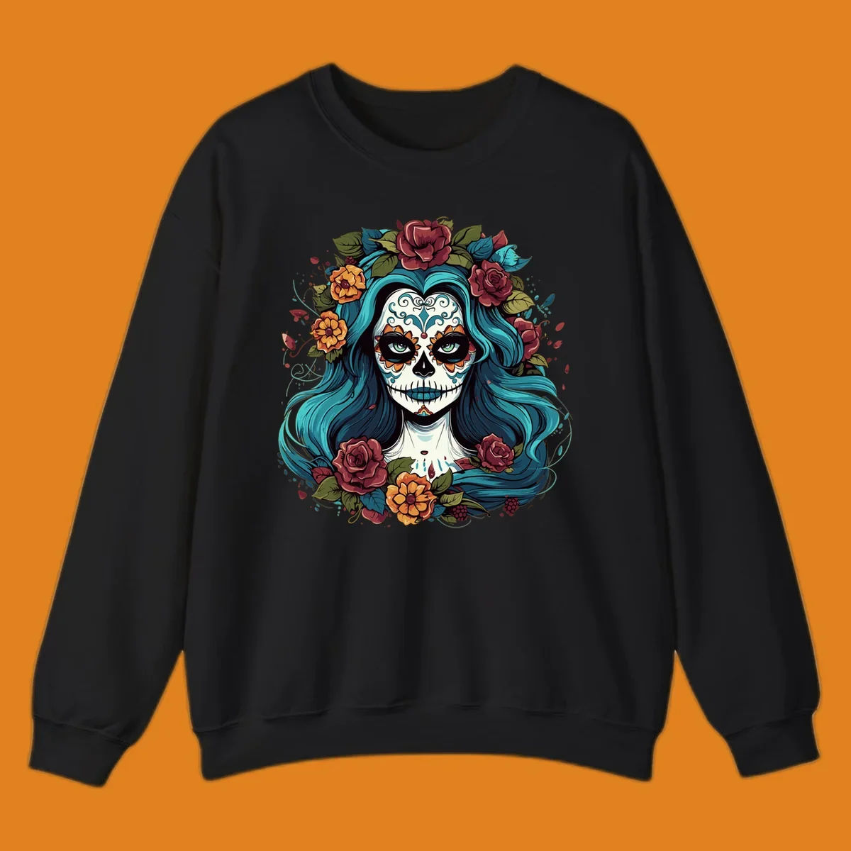 An illustration of a teal-hair calavera woman with a sugar skull face, adorned with a crown of red roses and orange flowers.
