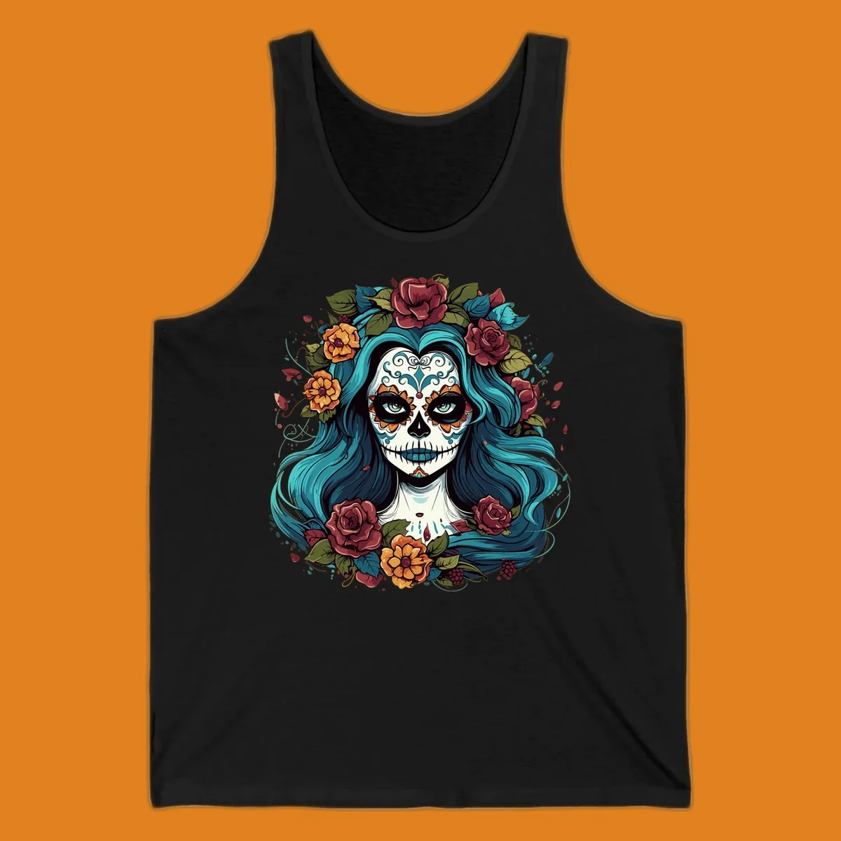 An illustration of a teal-hair calavera woman with a sugar skull face, adorned with a crown of red roses and orange flowers.