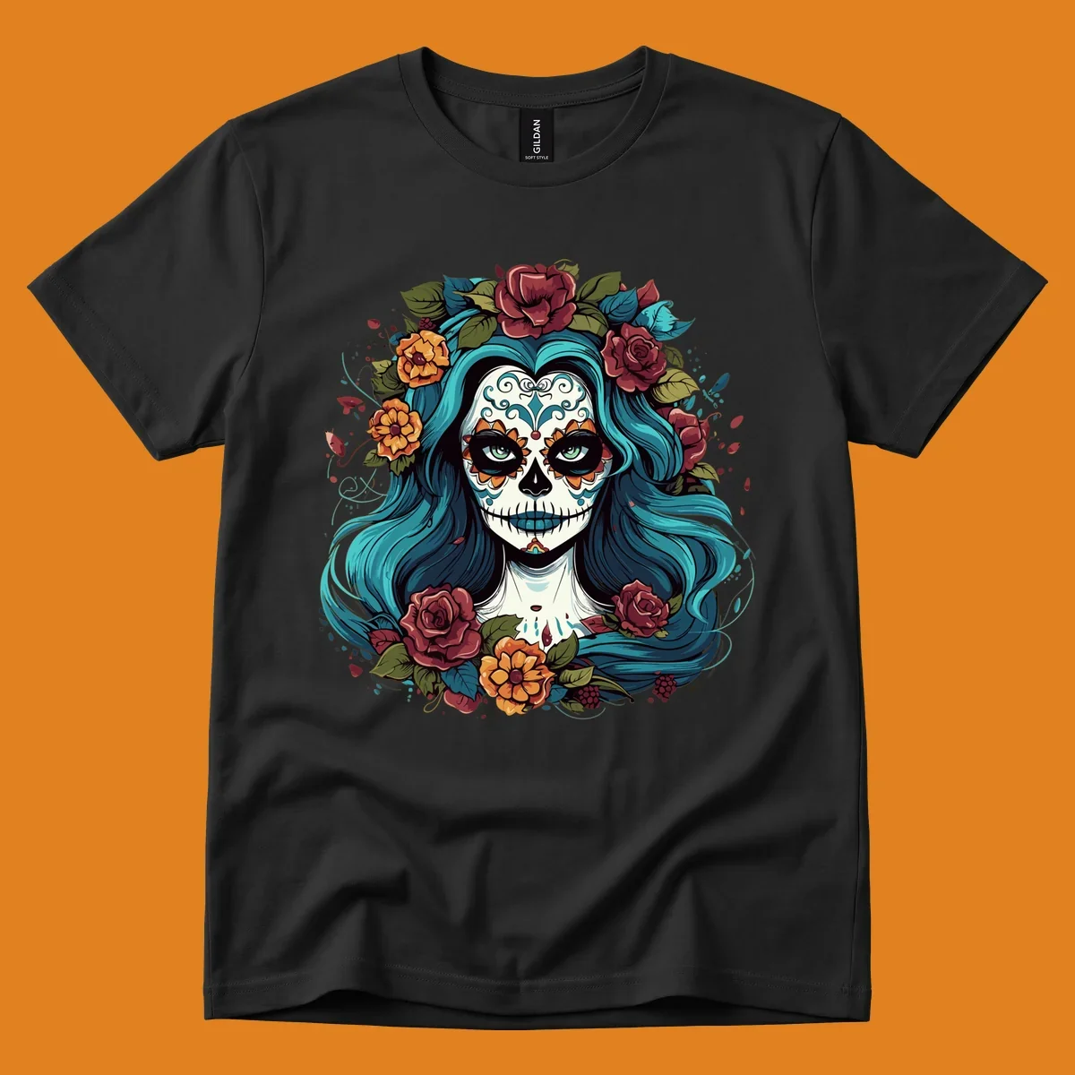 An illustration of a teal-hair calavera woman with a sugar skull face, adorned with a crown of red roses and orange flowers.