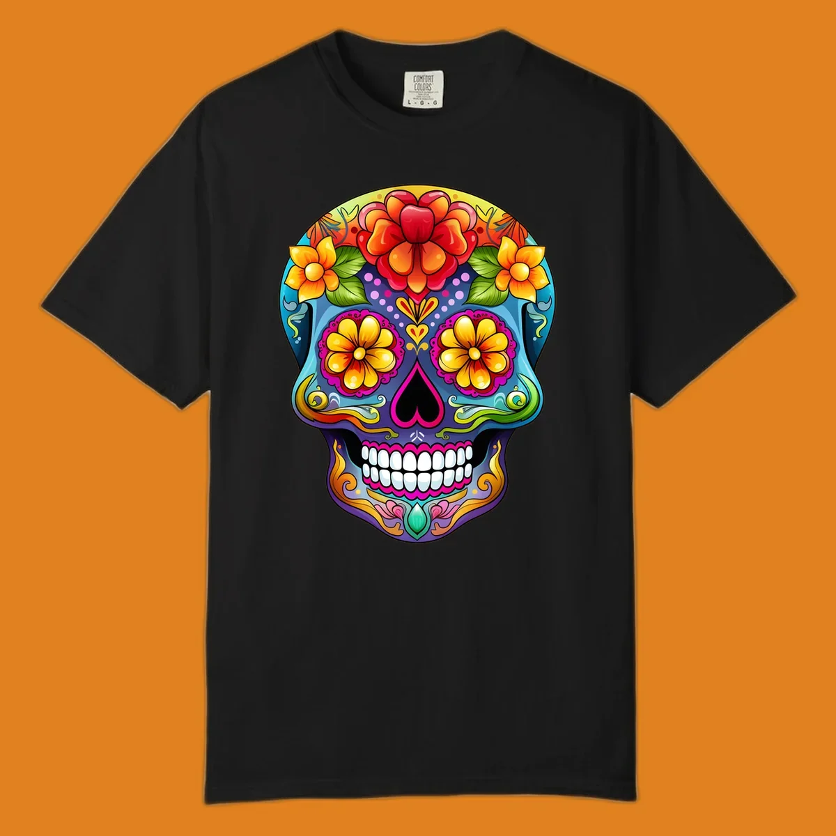 A highly detailed and vibrant floral sugar skull illustration, featuring large red, orange, and yellow flowers.