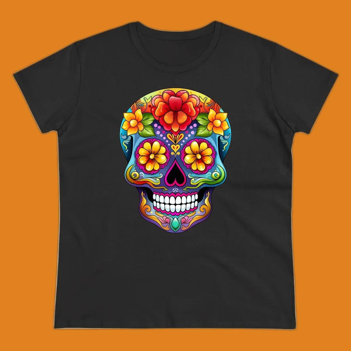 A highly detailed and vibrant floral sugar skull illustration, featuring large red, orange, and yellow flowers.