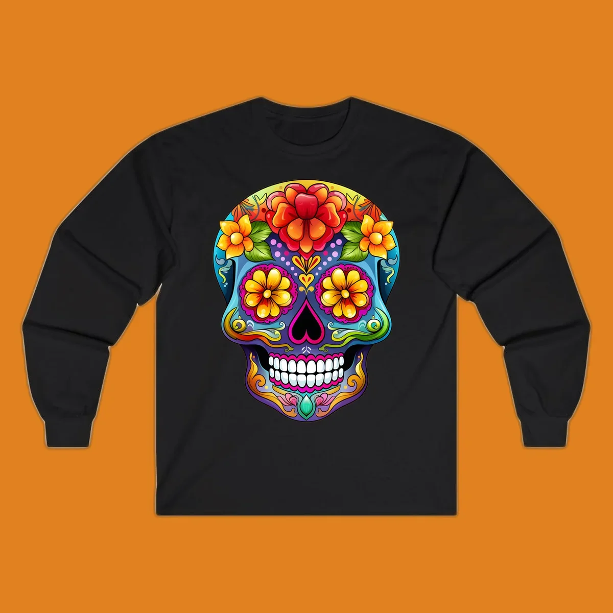 A highly detailed and vibrant floral sugar skull illustration, featuring large red, orange, and yellow flowers.