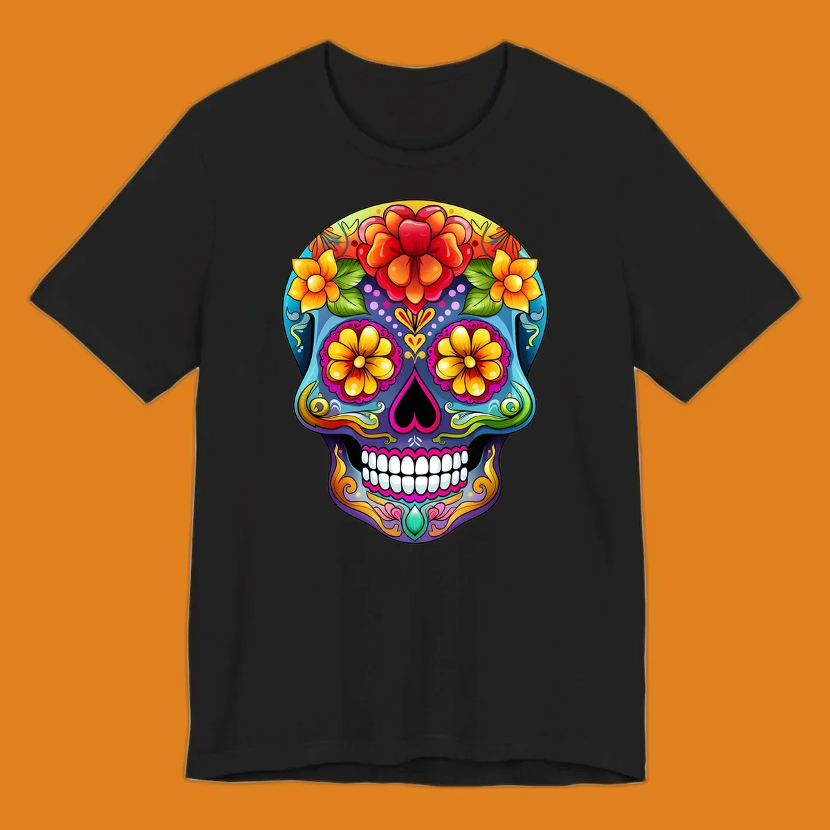 A highly detailed and vibrant floral sugar skull illustration, featuring large red, orange, and yellow flowers.
