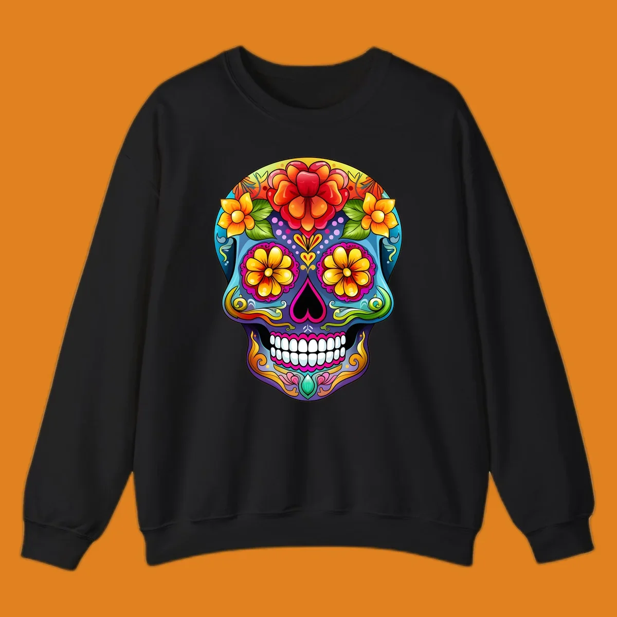 A highly detailed and vibrant floral sugar skull illustration, featuring large red, orange, and yellow flowers.