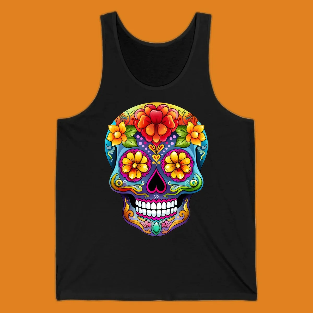 A highly detailed and vibrant floral sugar skull illustration, featuring large red, orange, and yellow flowers.