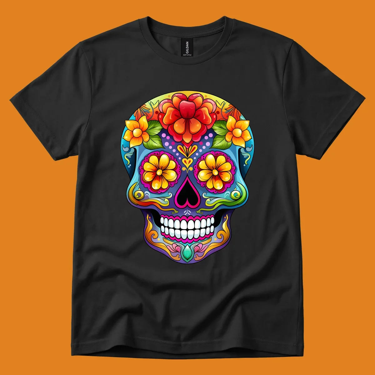 A highly detailed and vibrant floral sugar skull illustration, featuring large red, orange, and yellow flowers.