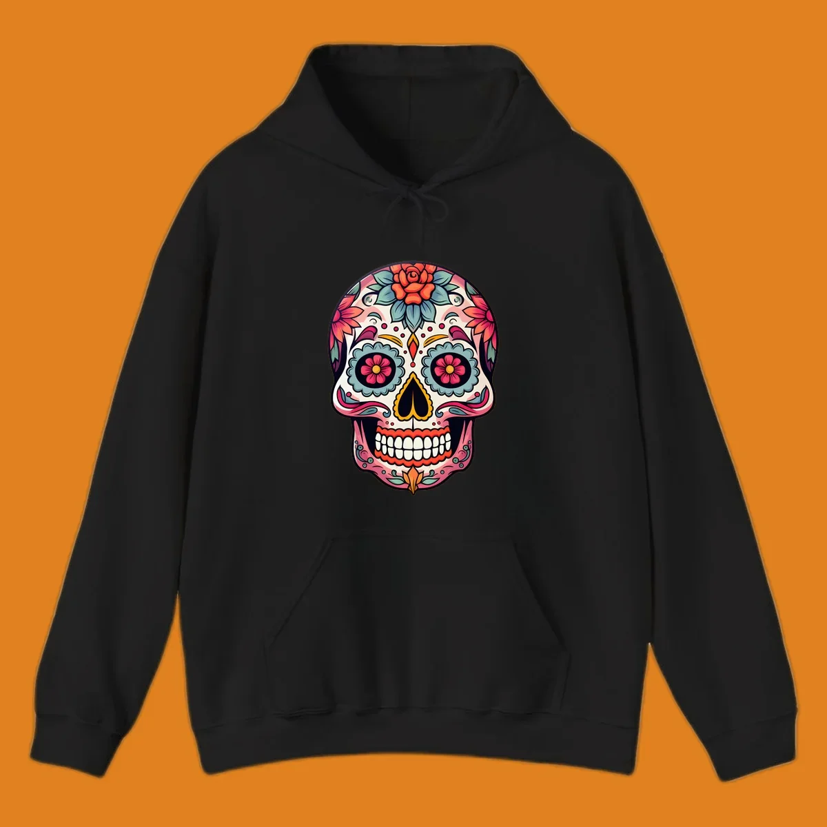 A vibrant floral calavera skull design featuring pink, blue, orange, and yellow flowers and swirls.