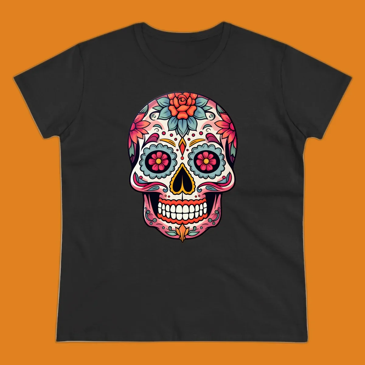 A vibrant floral calavera skull design featuring pink, blue, orange, and yellow flowers and swirls.