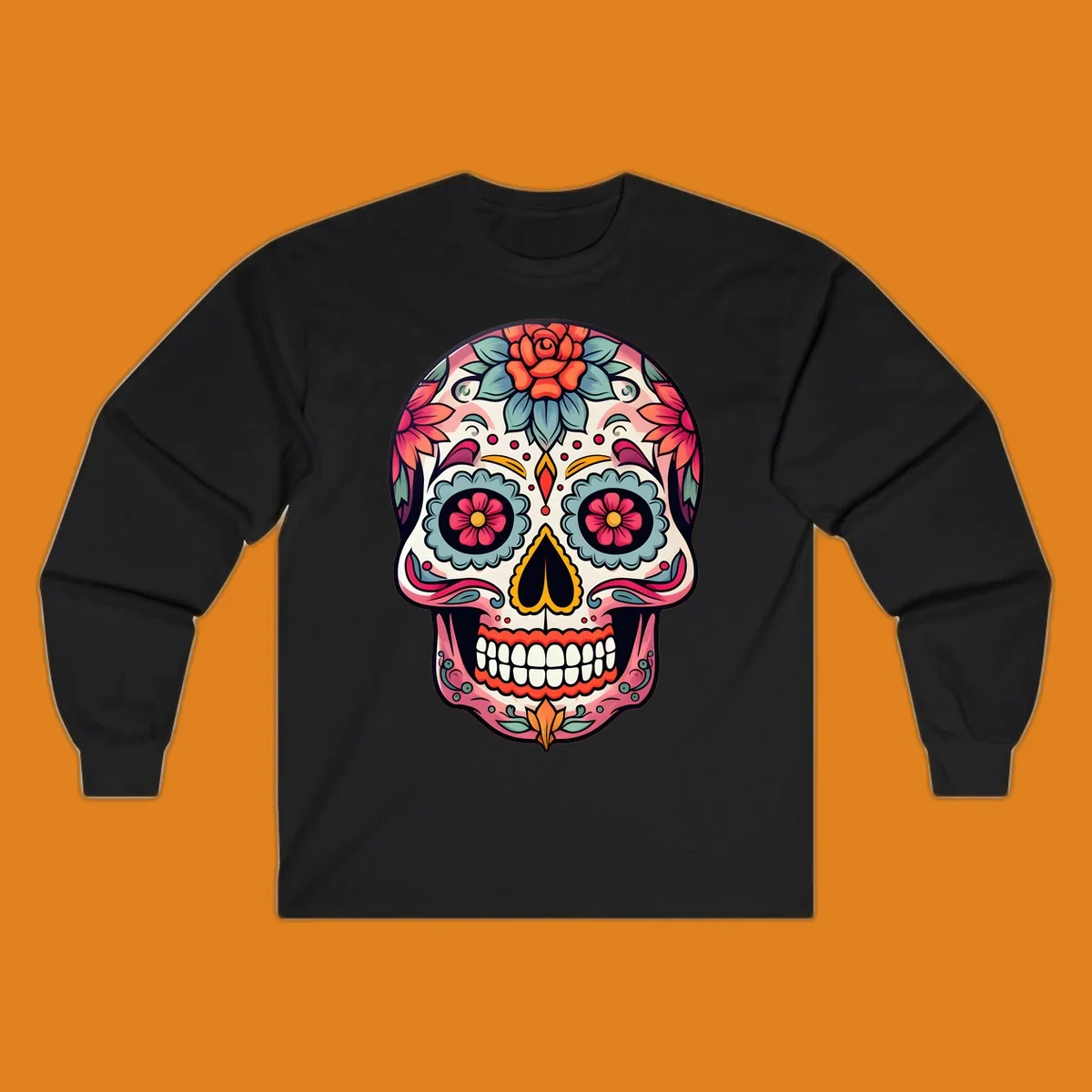 A vibrant floral calavera skull design featuring pink, blue, orange, and yellow flowers and swirls.