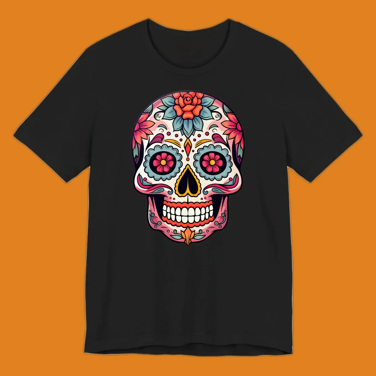 A vibrant floral calavera skull design featuring pink, blue, orange, and yellow flowers and swirls.