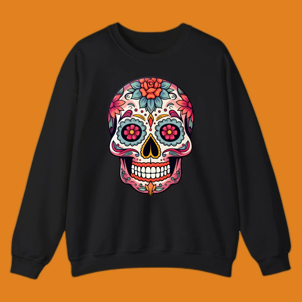 A vibrant floral calavera skull design featuring pink, blue, orange, and yellow flowers and swirls.