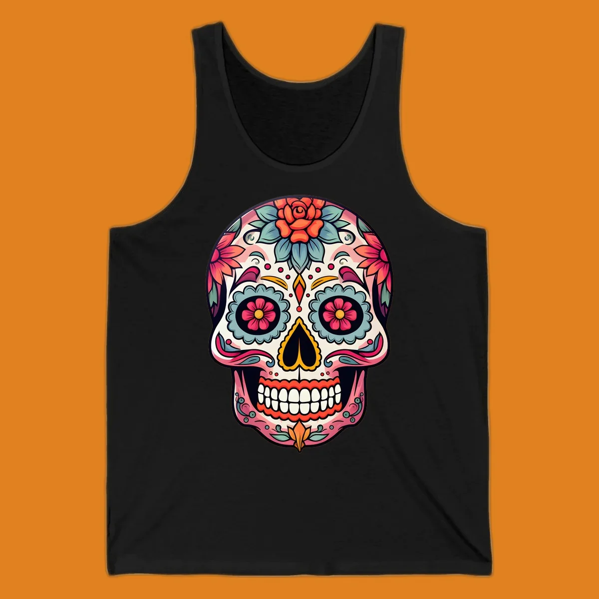 A vibrant floral calavera skull design featuring pink, blue, orange, and yellow flowers and swirls.