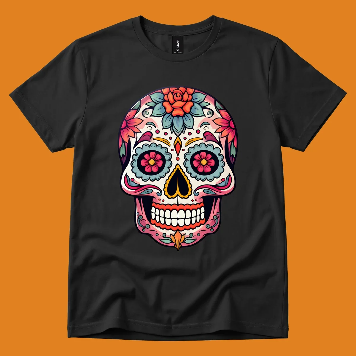 A vibrant floral calavera skull design featuring pink, blue, orange, and yellow flowers and swirls.