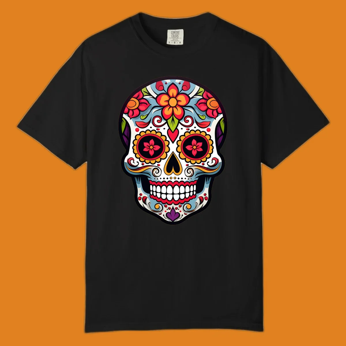 A vibrant floral calavera skull illustration, adorned with red, orange, blue, and yellow flowers and intricate swirls.