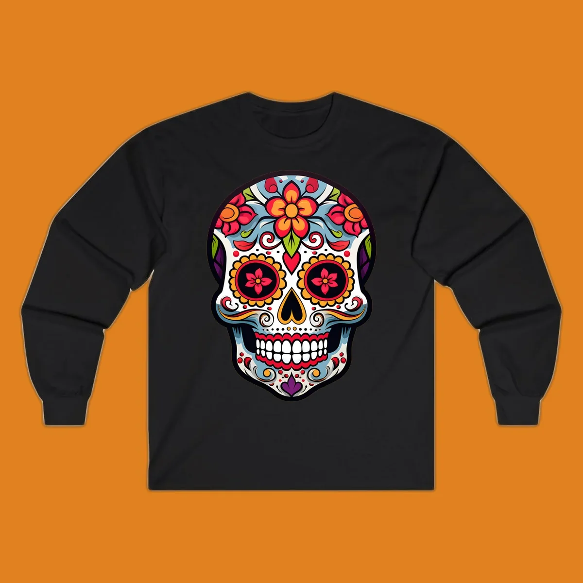 A vibrant floral calavera skull illustration, adorned with red, orange, blue, and yellow flowers and intricate swirls.