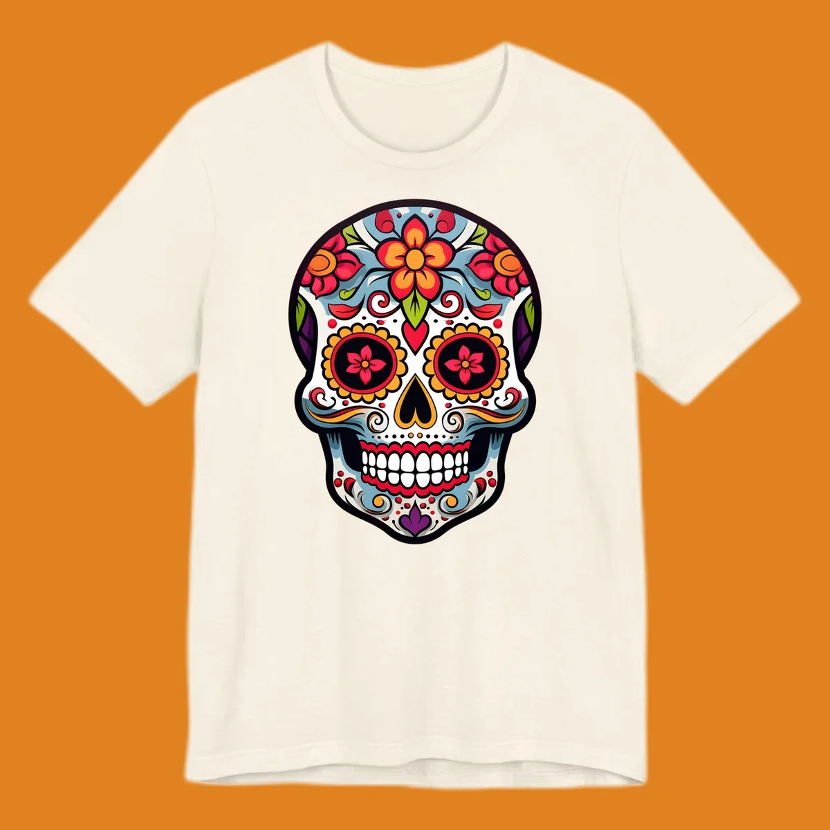A vibrant floral calavera skull illustration, adorned with red, orange, blue, and yellow flowers and intricate swirls.