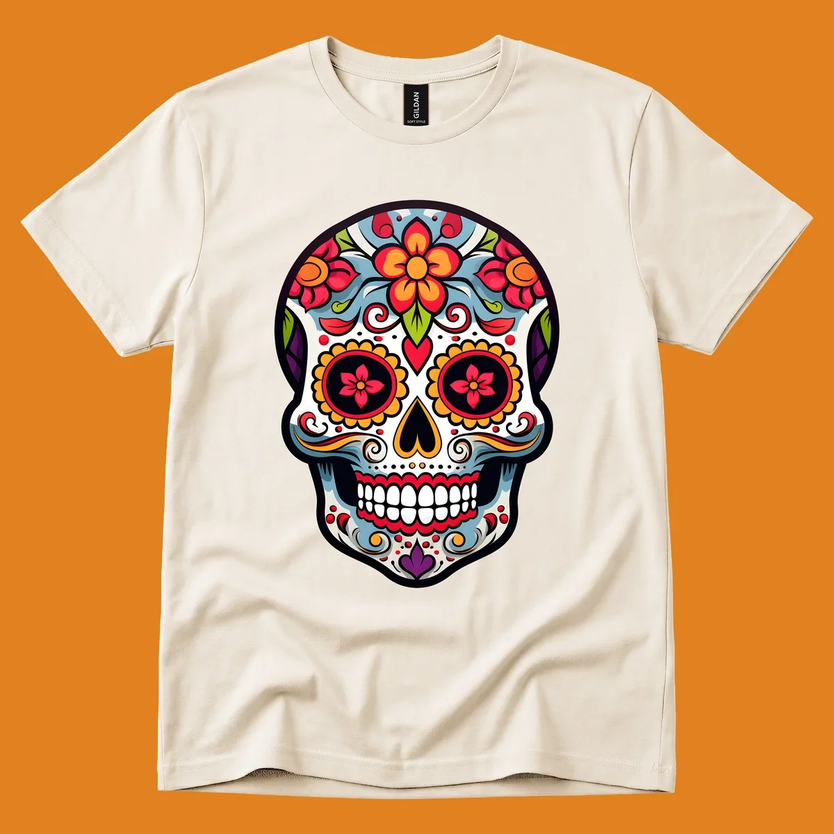 A vibrant floral calavera skull illustration, adorned with red, orange, blue, and yellow flowers and intricate swirls.