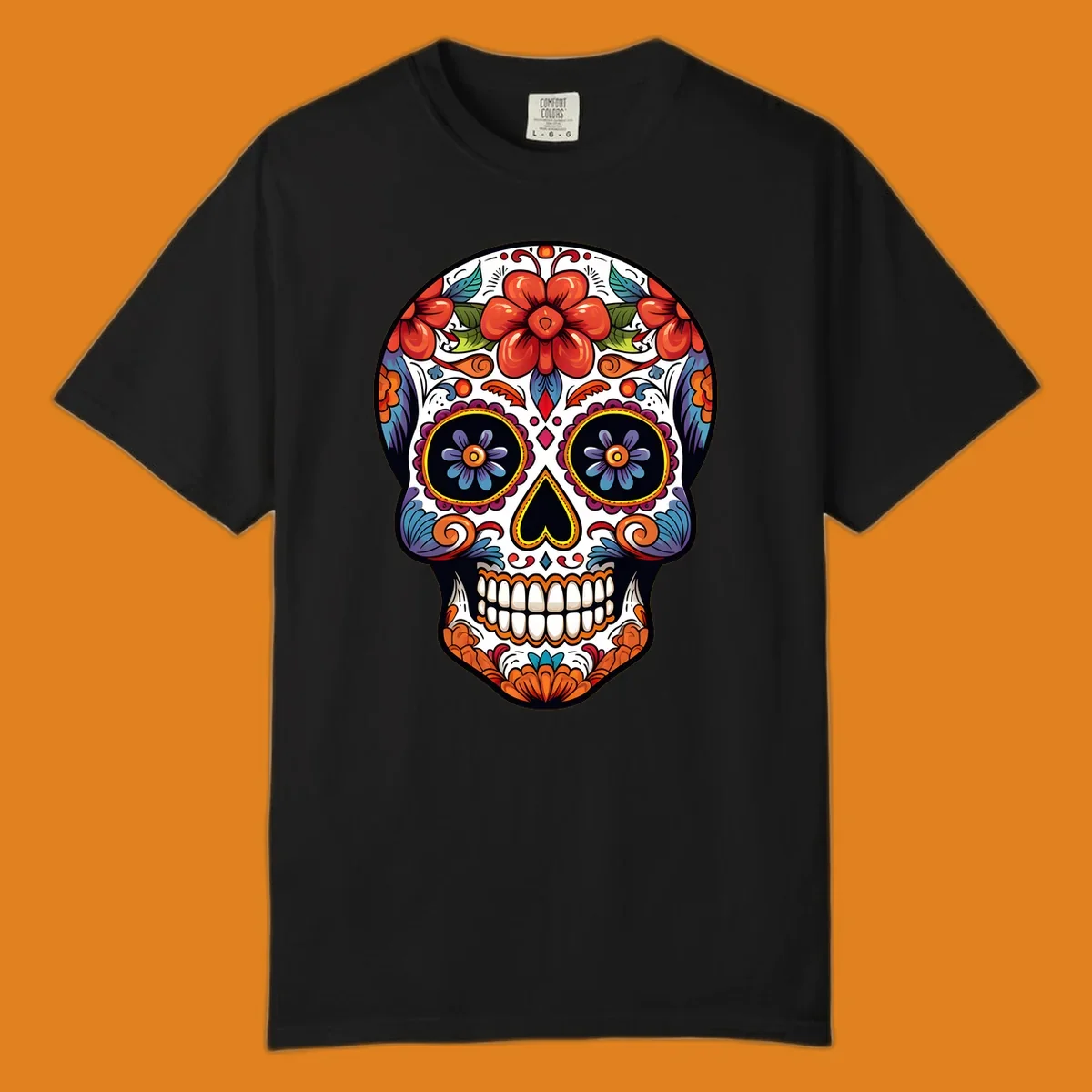 A vibrantly colored calavera sugar skull illustration with red and orange flowers, blue and purple eye sockets, and intricate floral patterns.