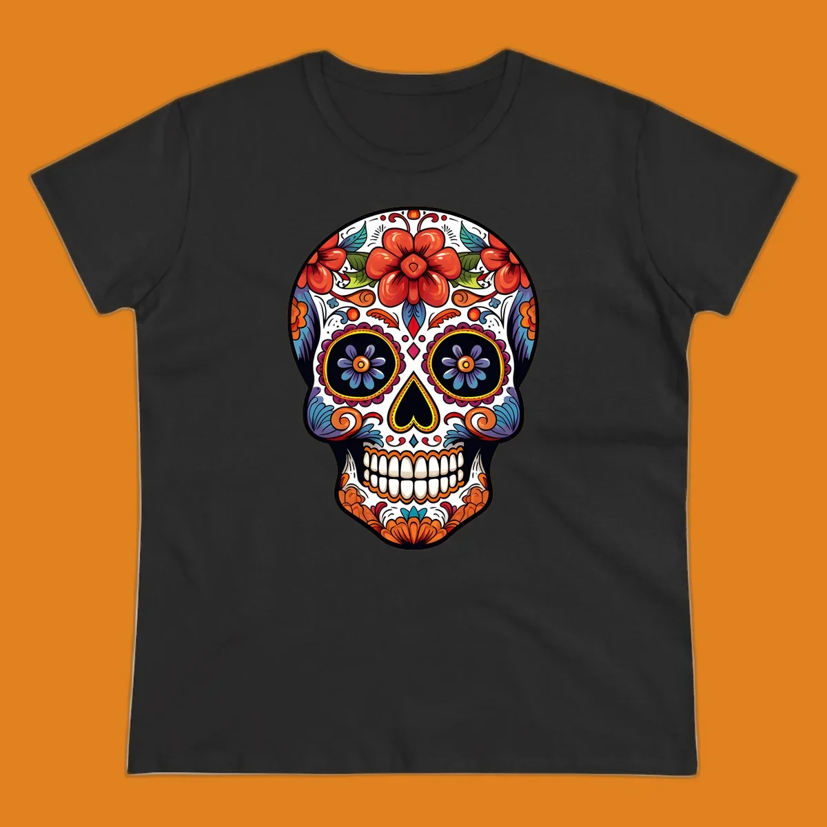 A vibrantly colored calavera sugar skull illustration with red and orange flowers, blue and purple eye sockets, and intricate floral patterns.