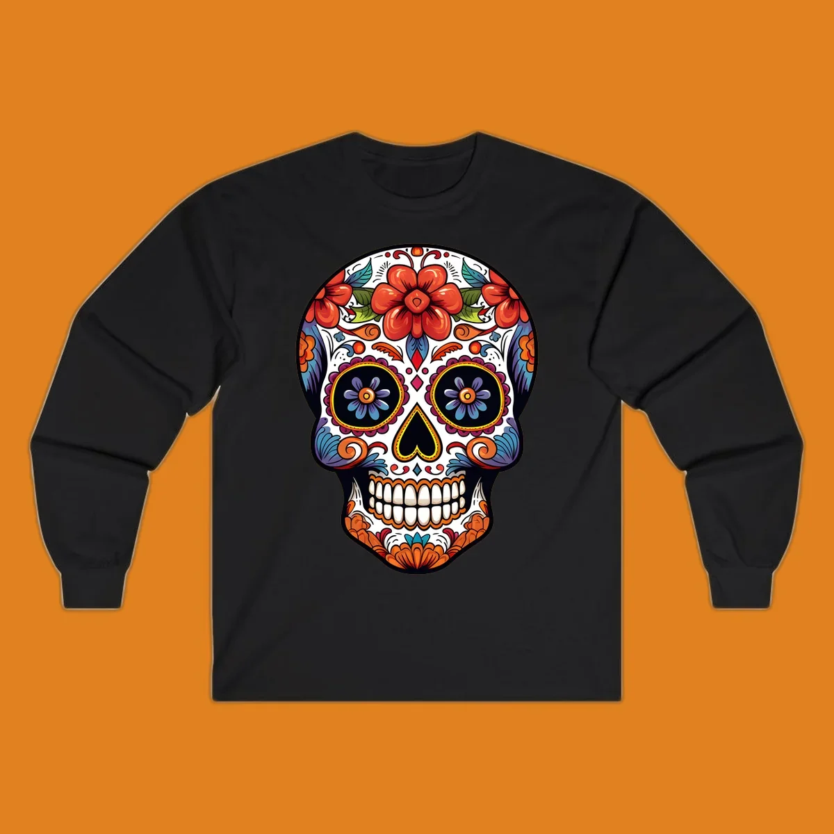 A vibrantly colored calavera sugar skull illustration with red and orange flowers, blue and purple eye sockets, and intricate floral patterns.