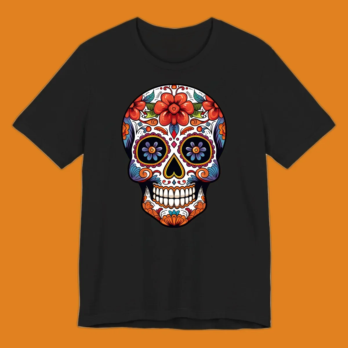 A vibrantly colored calavera sugar skull illustration with red and orange flowers, blue and purple eye sockets, and intricate floral patterns.