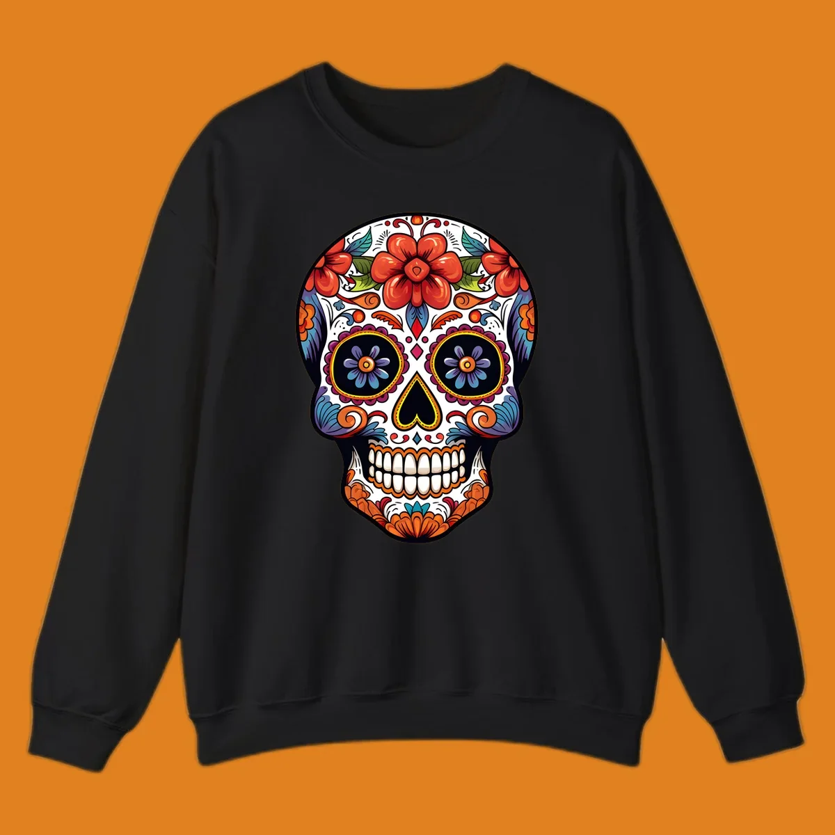 A vibrantly colored calavera sugar skull illustration with red and orange flowers, blue and purple eye sockets, and intricate floral patterns.