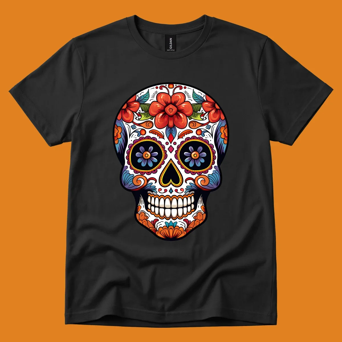 A vibrantly colored calavera sugar skull illustration with red and orange flowers, blue and purple eye sockets, and intricate floral patterns.
