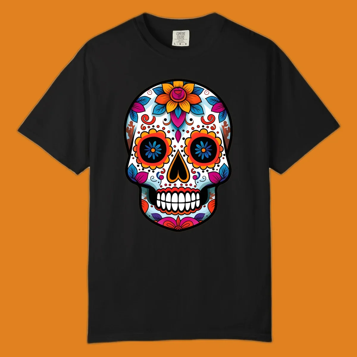 A detailed and colorful floral sugar skull illustration, featuring intricate patterns and vibrant flowers on a white background.