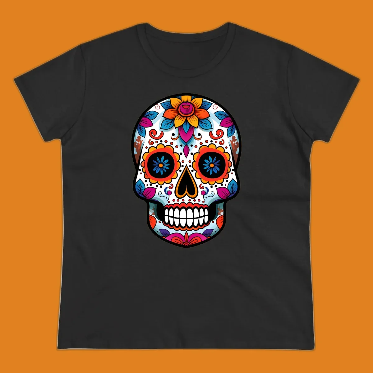 A detailed and colorful floral sugar skull illustration, featuring intricate patterns and vibrant flowers on a white background.