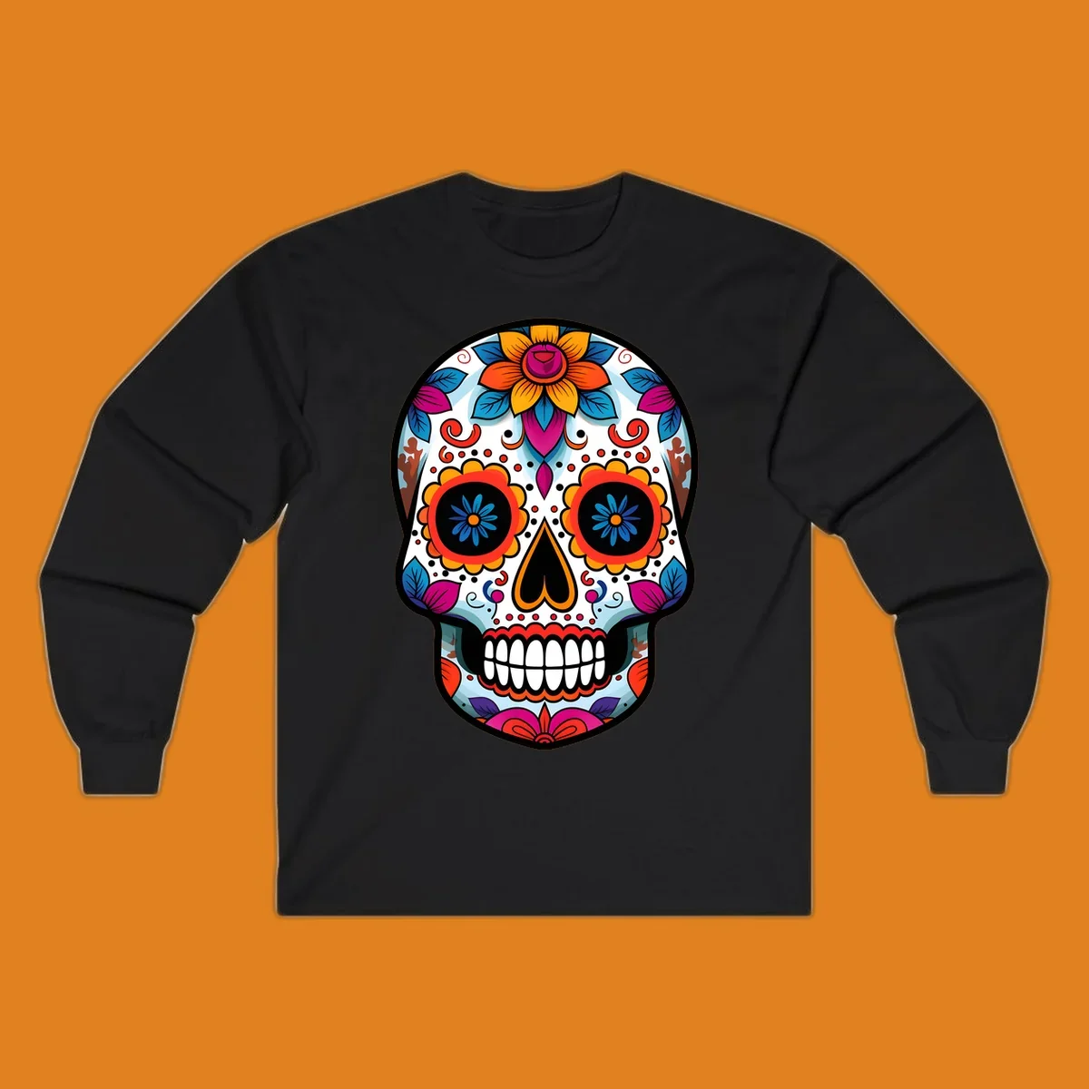 A detailed and colorful floral sugar skull illustration, featuring intricate patterns and vibrant flowers on a white background.