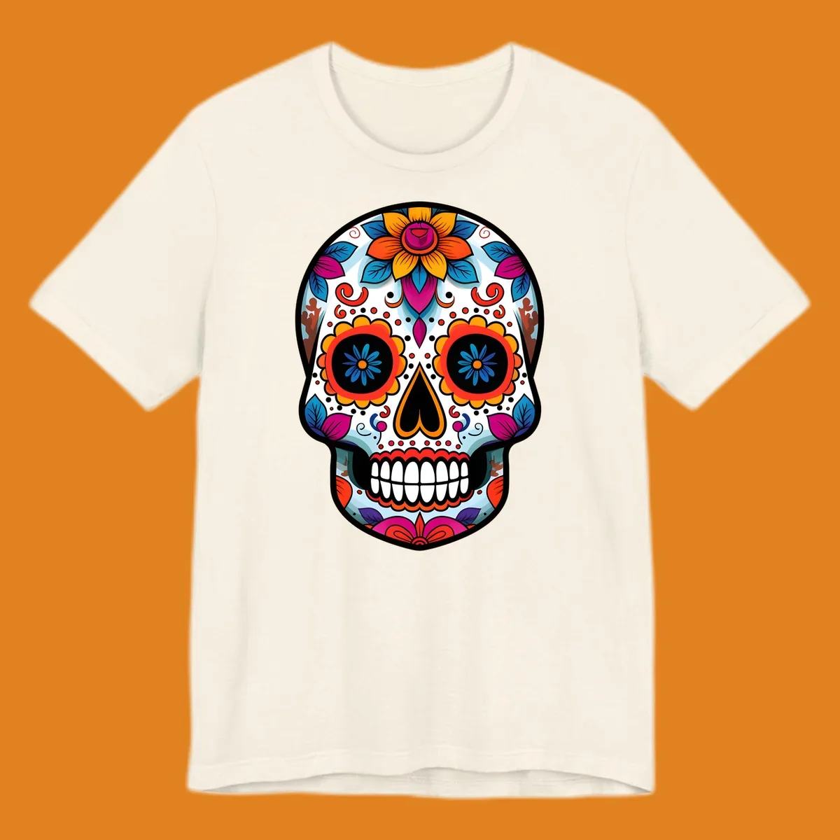 A detailed and colorful floral sugar skull illustration, featuring intricate patterns and vibrant flowers on a white background.