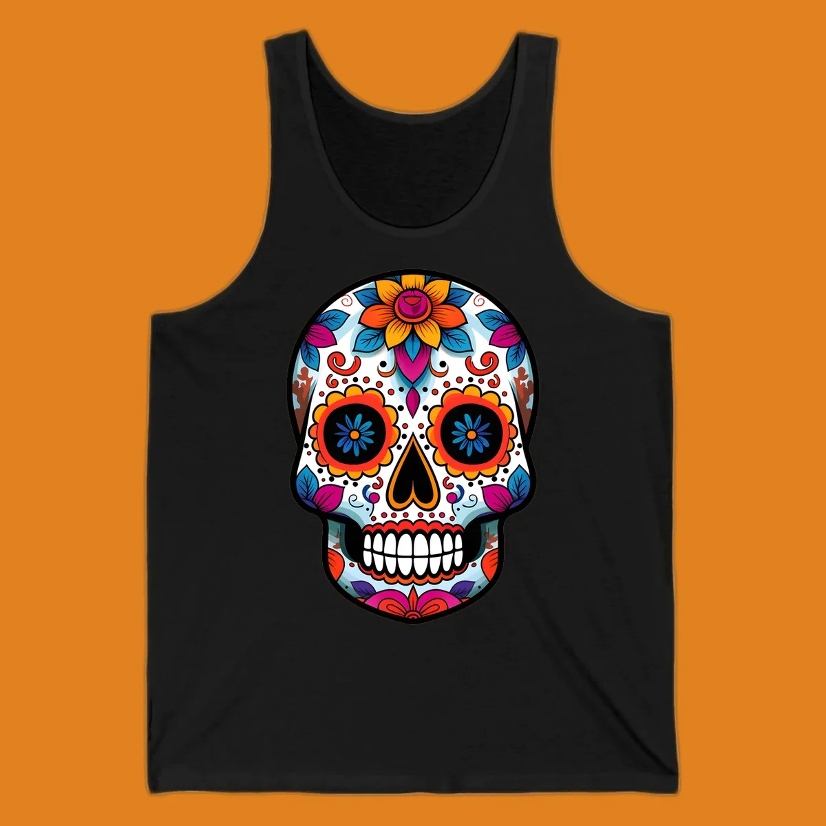 A detailed and colorful floral sugar skull illustration, featuring intricate patterns and vibrant flowers on a white background.