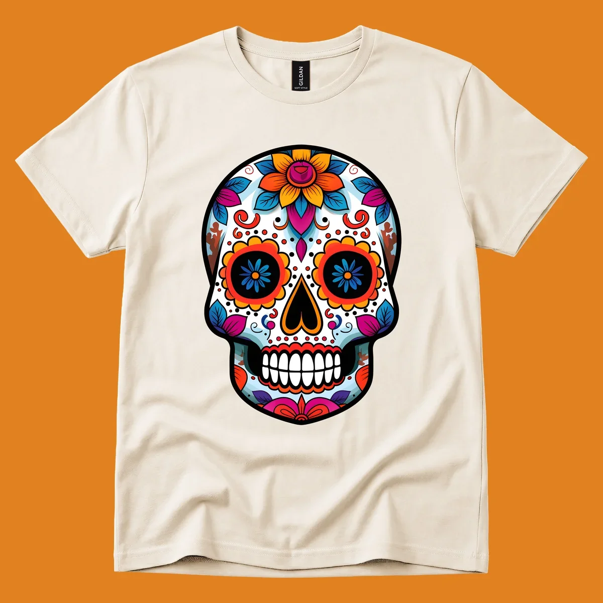 A detailed and colorful floral sugar skull illustration, featuring intricate patterns and vibrant flowers on a white background.