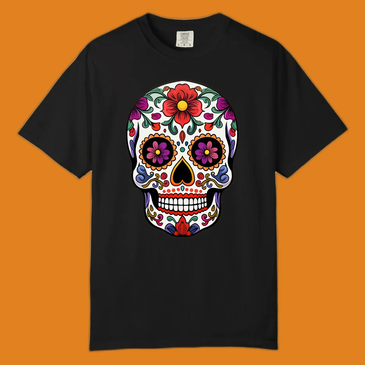 A vibrant floral calavera sugar skull illustration with red and purple flowers, intricate swirls, and colorful patterns on a white skull.