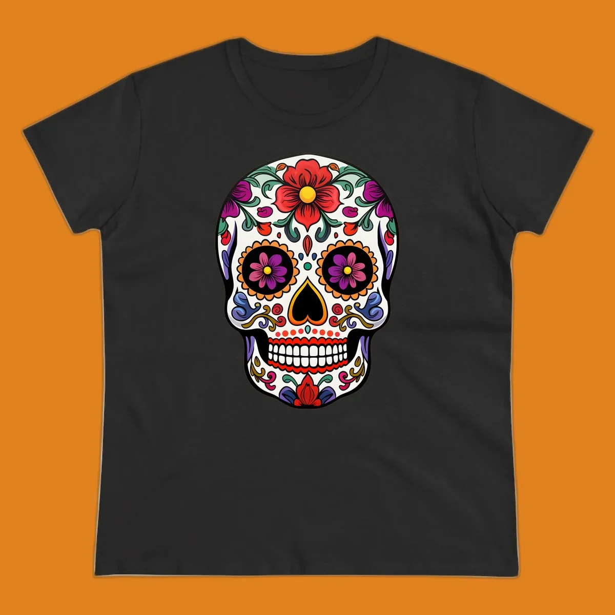 A vibrant floral calavera sugar skull illustration with red and purple flowers, intricate swirls, and colorful patterns on a white skull.