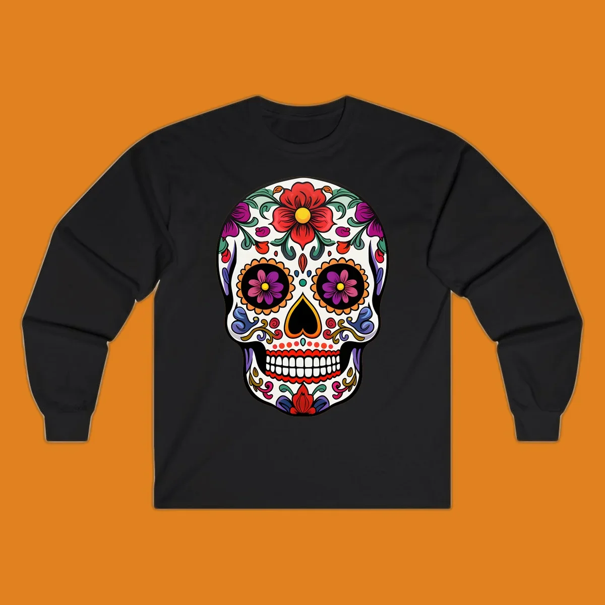A vibrant floral calavera sugar skull illustration with red and purple flowers, intricate swirls, and colorful patterns on a white skull.