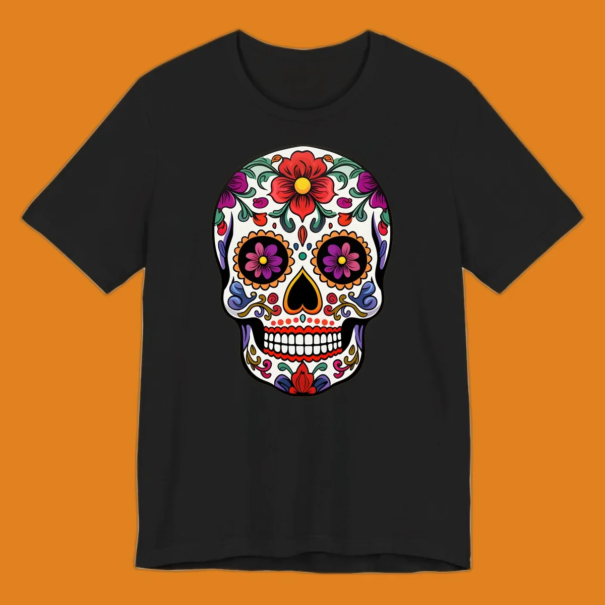 A vibrant floral calavera sugar skull illustration with red and purple flowers, intricate swirls, and colorful patterns on a white skull.